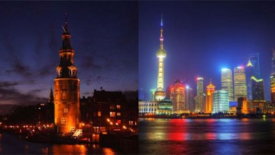 左：荷兰阿姆斯特丹运河夜景 右：上海夜景