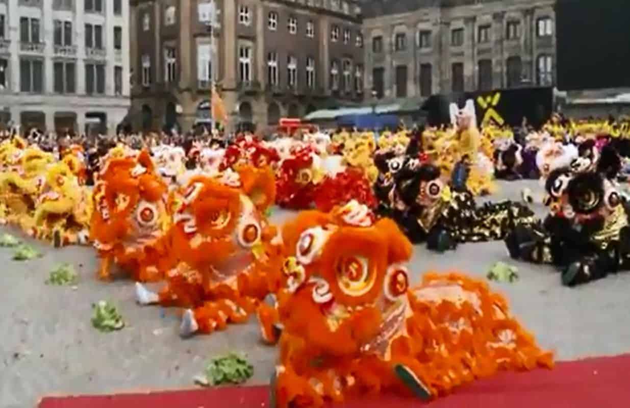 百狮齐舞欢庆百年华人在荷兰（视频）
